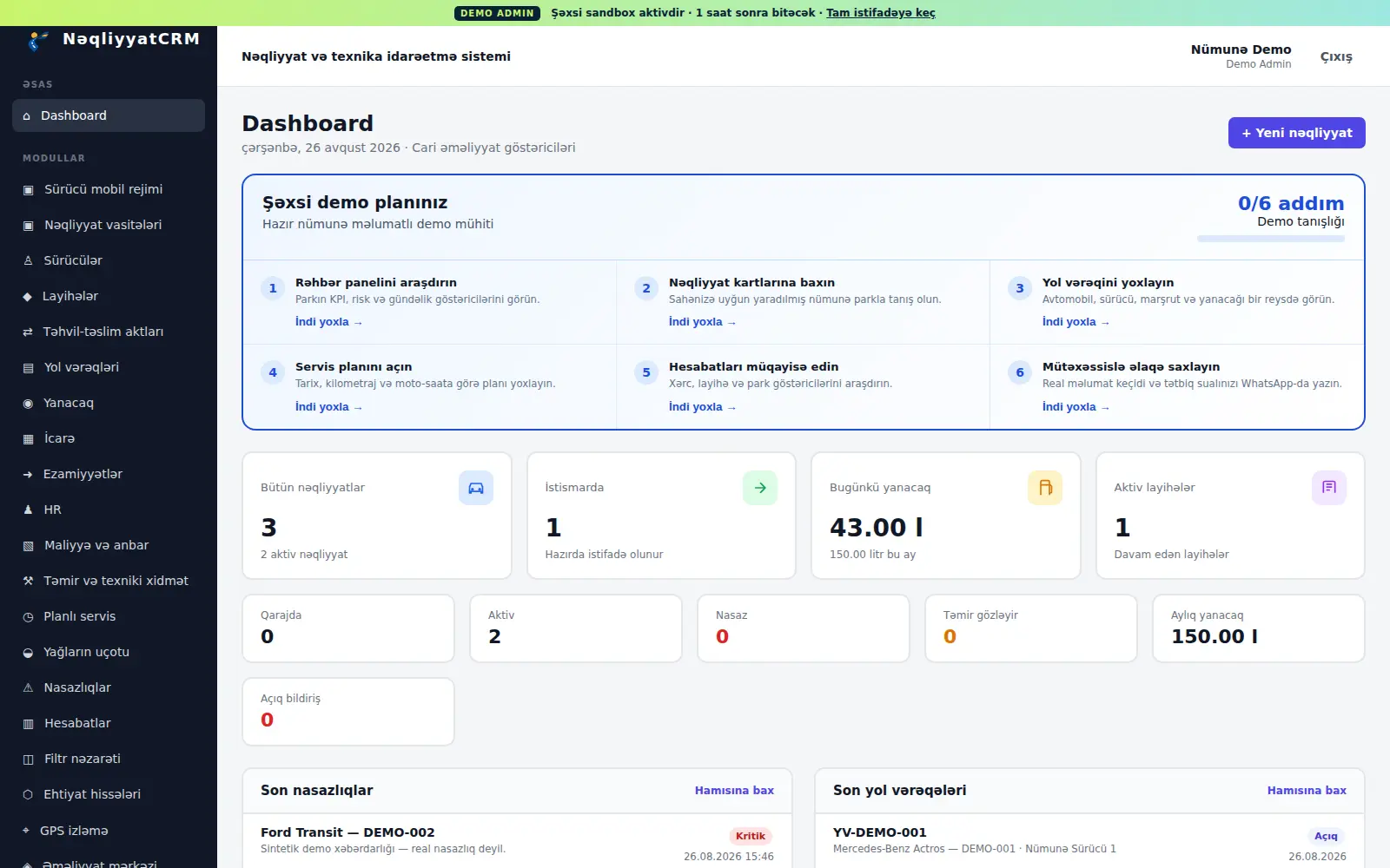 NəqliyyatCRM rəhbər dashboard və avtopark KPI paneli